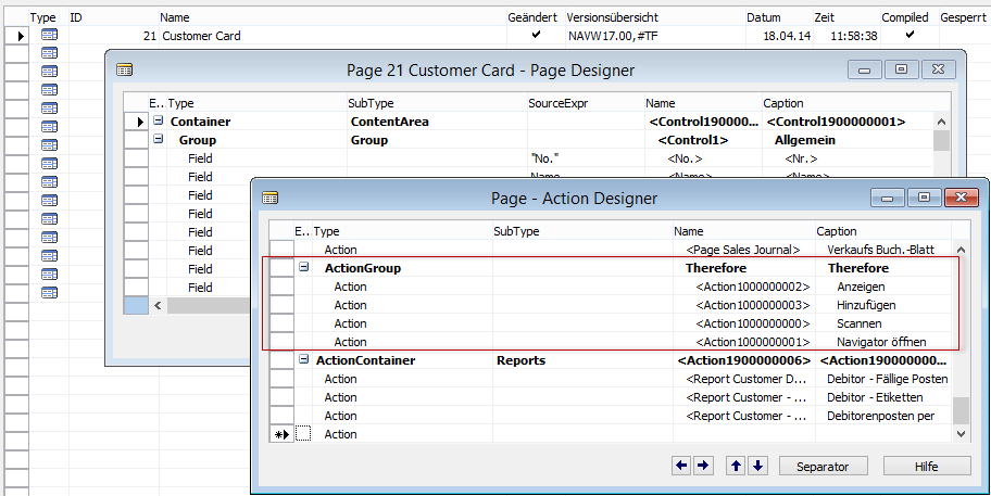 Figure 1: Page 21 (Customer Card) Action Designer