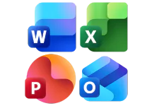 Icons for Microsoft Office apps: Word (blue "W"), Excel (green "X"), PowerPoint (red "P"), and Outlook (blue "O"). Each icon features modern, colorful designs on a light background, supporting integration with Therefore™.