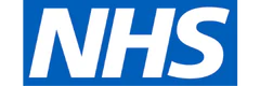 NHS logo with bold white letters on a blue rectangular background.