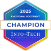 A colorful hexagonal badge labeled "2025 Emotional Footprint Champion" with "Info-Tech Research Group" written below on a blue background.