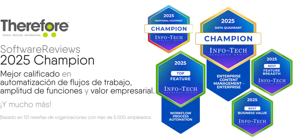 Gráfico promocional para Therefore, en el que se destacan múltiples premios Info-Tech Research Group 2025 Champion en gestión de la información, automatización de flujos de trabajo, gestión de contenidos empresariales, características, valor y visión empresarial. Texto en español.