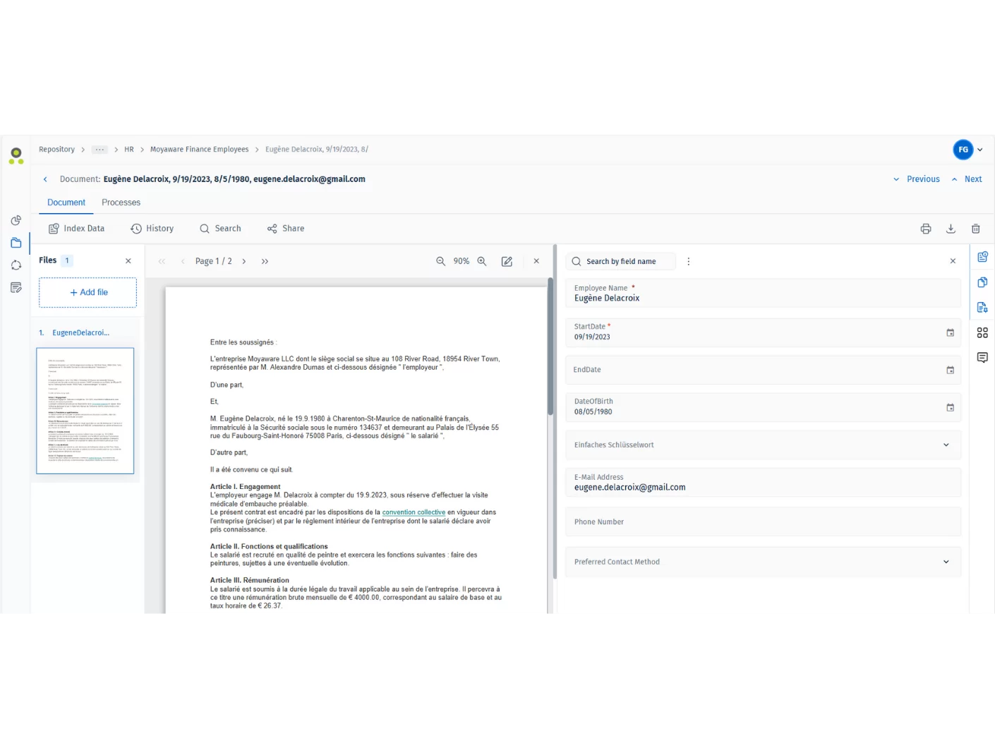 A computer screen displays a document management interface with a résumé open in the center, an about us navigation panel on the left, and contact details for Eglėne Bilevičienė visible on the right side of the screen.