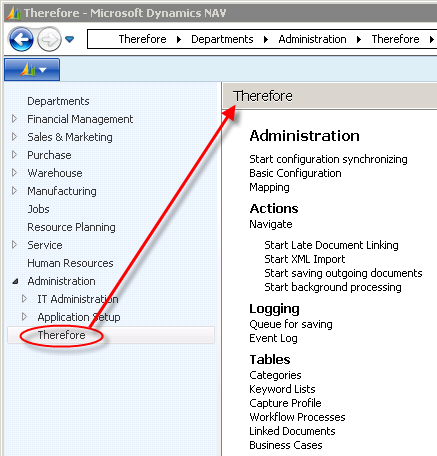 Figure 3: Therefore-Interface: Call from Navision – Departments > Administration 