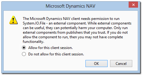 Figure 1: Navision warning -  executing an external component  