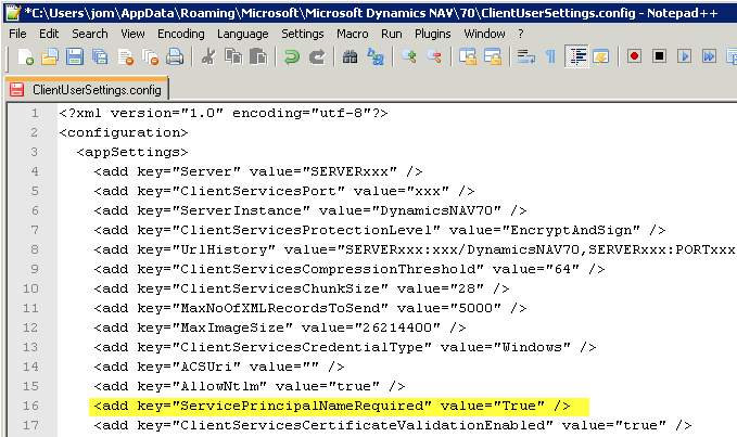 Figure 2: Modification of file „ClientUserSettings.config“