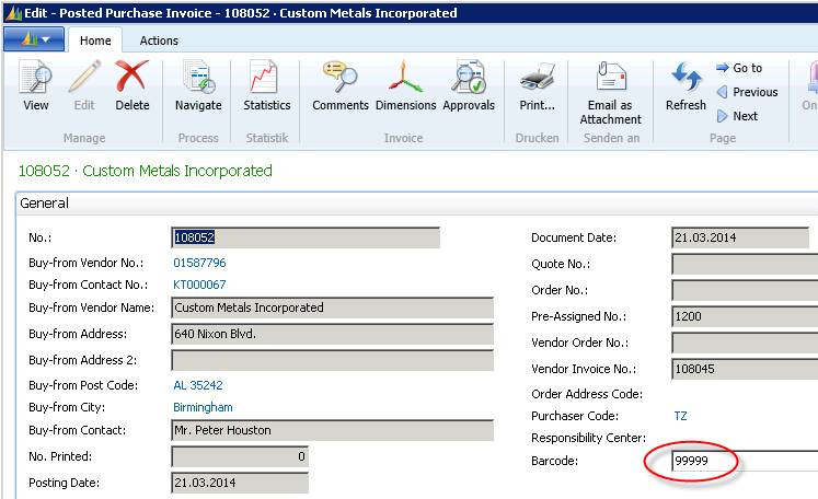 Figure 29: Navision: Posted Purchase Invoice - allocation of barcode