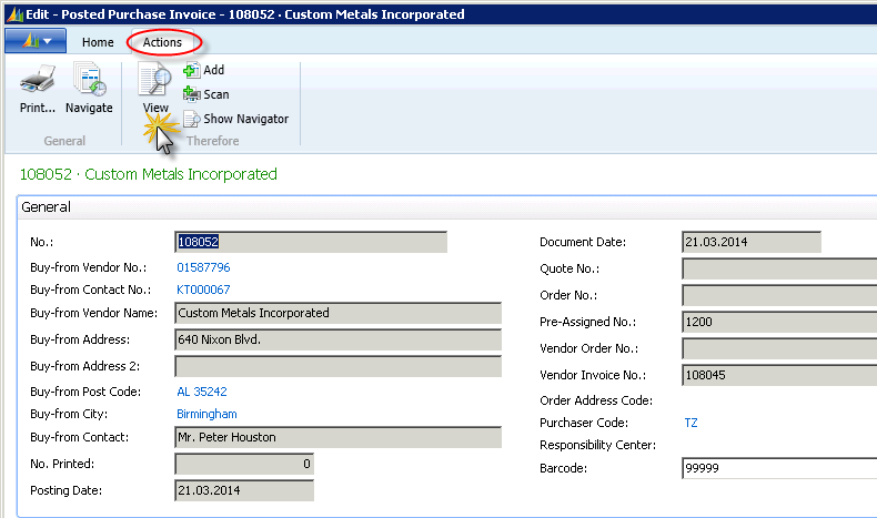 Figure 33: Posted Purchase Invoice (Therefore™ Actions)