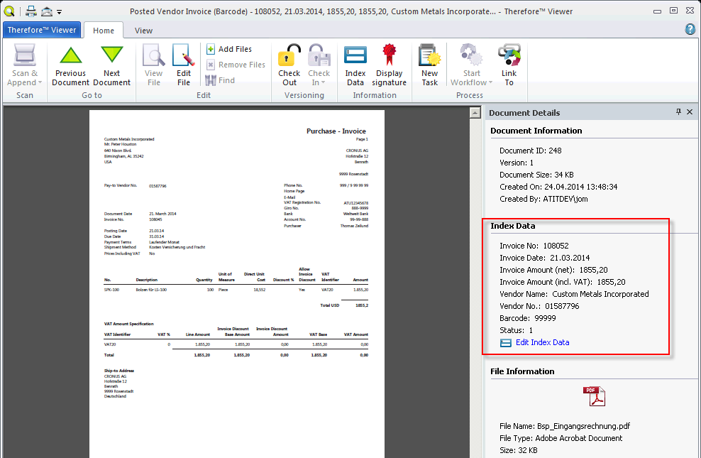 Figure 35: Therefore™ Viewer: Posted Vendor Invoice (Barcode)