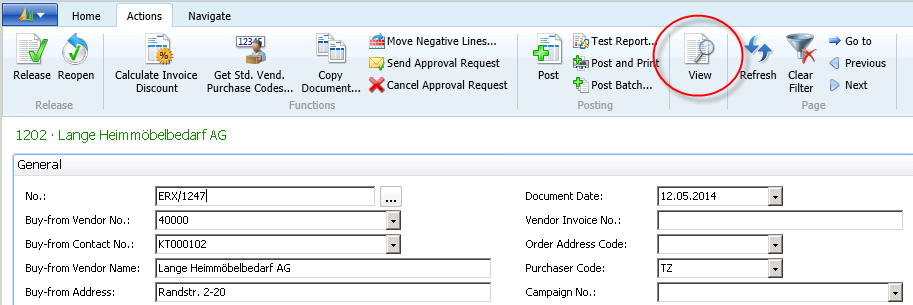 Figure 41: Purchase Invoice (Card) – Therefore™function: View