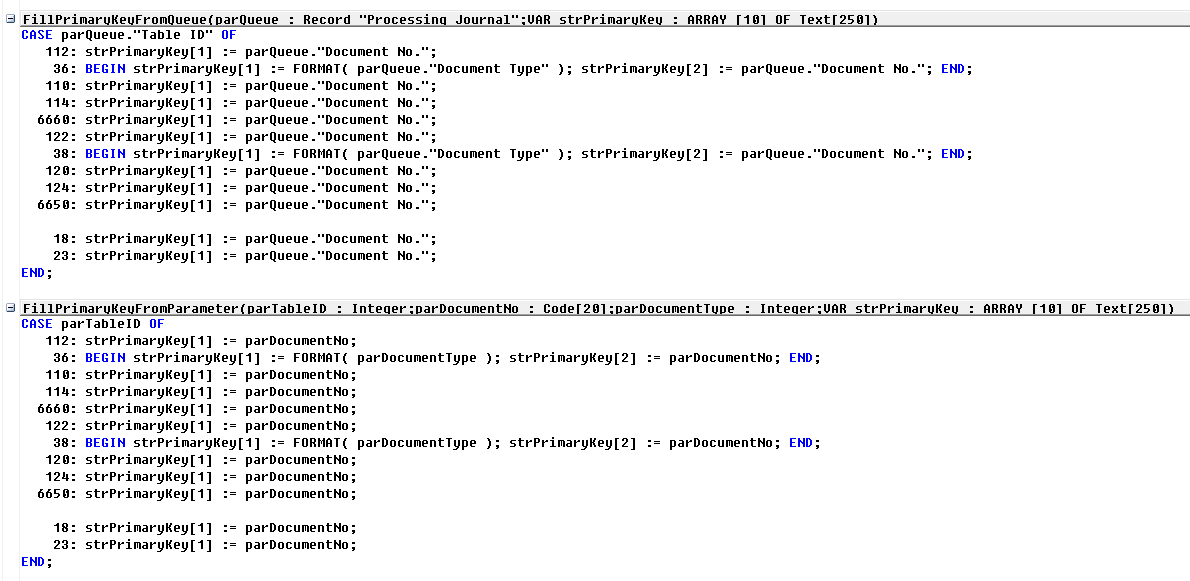 Figure 9: Codeunit 52101149 (Functions FillPrimaryKeyFromQueque() and FillPrimaryKeyFromParameter() )