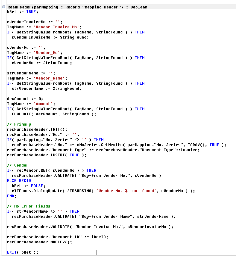 Figure 14: Codeunit 52101152 (Function ReadHeader() )