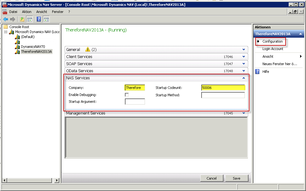 Figure 25: Configuration of Microsoft Dynamics NAV Server