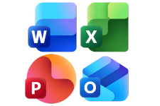 Icons for Microsoft Office apps: Word (blue "W"), Excel (green "X"), PowerPoint (red "P"), and Outlook (blue "O"). Each icon features modern, colorful designs on a light background, supporting integration with Therefore™.