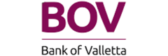 Logo of Bank of Valletta featuring large, bold letters "BOV" in purple above a thin horizontal line, with the text "Bank of Valletta" in black below.