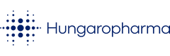 Hungaropharma logo with a blue geometric design made of different-sized circles arranged in a square shape, next to the company name "Hungaropharma" written in blue lowercase letters.