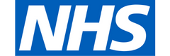 NHS logo with bold white letters on a blue rectangular background.