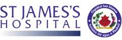 Logo for St James’s Hospital. The left side shows the hospital name in large blue text; the right side has a circular emblem with text in Irish and English, featuring a red flower and green accents.