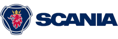 The Scania logo featuring a blue griffin head with a gold crown inside a blue shield, next to the word "Scania" in bold, blue capital letters on a light background.