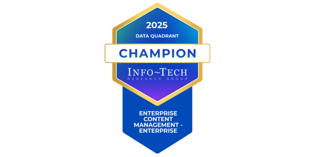 A blue and gold badge labeled “2025 Data Quadrant Champion” recognizes Info-Tech Research Group for Enterprise Content Management – Enterprise, as Therefore™ wins numerous industry awards.
