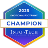 A colorful hexagonal badge labeled "2025 Emotional Footprint Champion" with "Info-Tech Research Group" written below on a blue background.