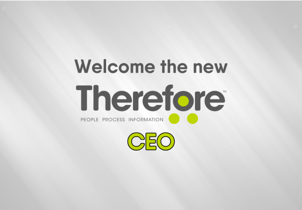 White background graphic with the text: "Welcome the new Therefore PEOPLE PROCESS INFORMATION CEO" in gray and lime green, highlighting Michael Heitz as the new CEO of Therefore Corporation.