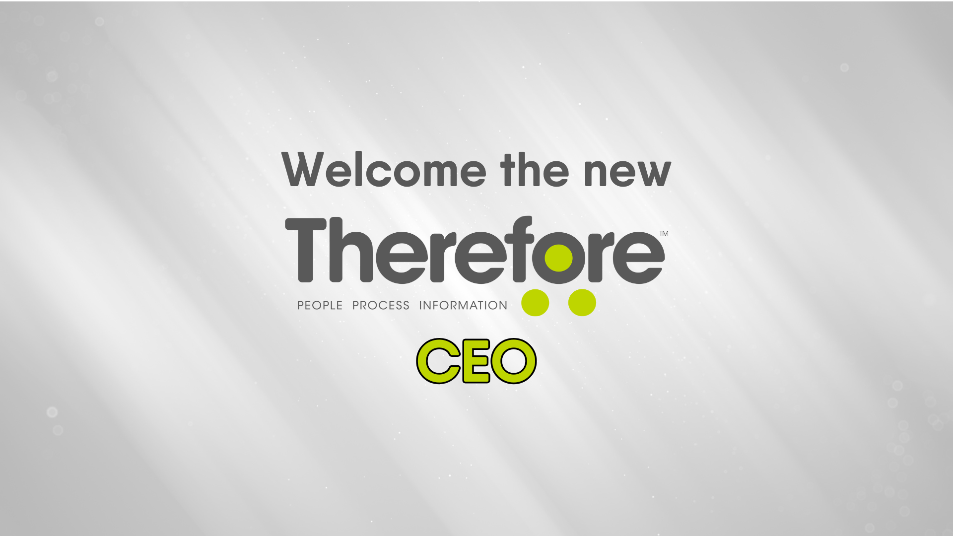 White background graphic with the text: "Welcome the new Therefore PEOPLE PROCESS INFORMATION CEO" in gray and lime green, highlighting Michael Heitz as the new CEO of Therefore Corporation.
