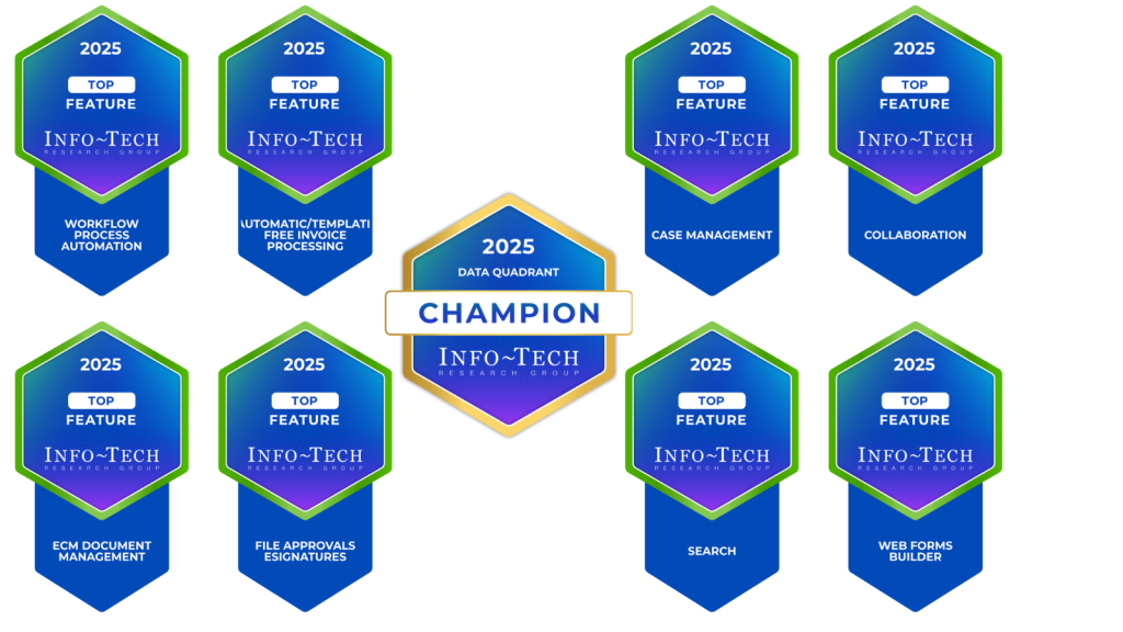 Nine blue and green therefore awards badges from Info-Tech for 2025 highlight top software features, including automation, invoice processing, management, collaboration, search, and file approvals, with a central badge labeled "Champion.