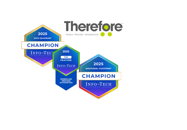 Three colorful therefore awards badges for "Info-Tech Research Group Champion 2025" are displayed next to the Therefore logo, featuring the tagline "People Process Information.