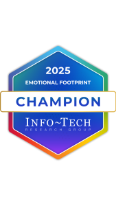 A colorful hexagonal badge with the text "2025 Emotional Footprint Champion," "Info-Tech Research Group," and a nod to therefore awards, all in crisp white and blue lettering.