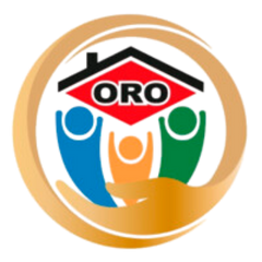 Logo with three colorful figures (blue, orange, green) holding up a red roof labeled "ORO," with a gold hand and circular swoosh encircling them, symbolizing protection, support, and community.