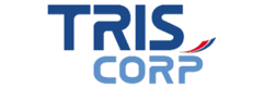 Logo with the words "TRIS CORP" in bold blue letters. The "R" in "CORP" has a red and blue swoosh above it. The background is light gray.
