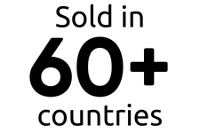 Text reads: “Sold in 60+ countries” with “60+” in large, bold black font and the rest of the text in smaller, regular font on a light background—showcasing our global reach on our About Us page.