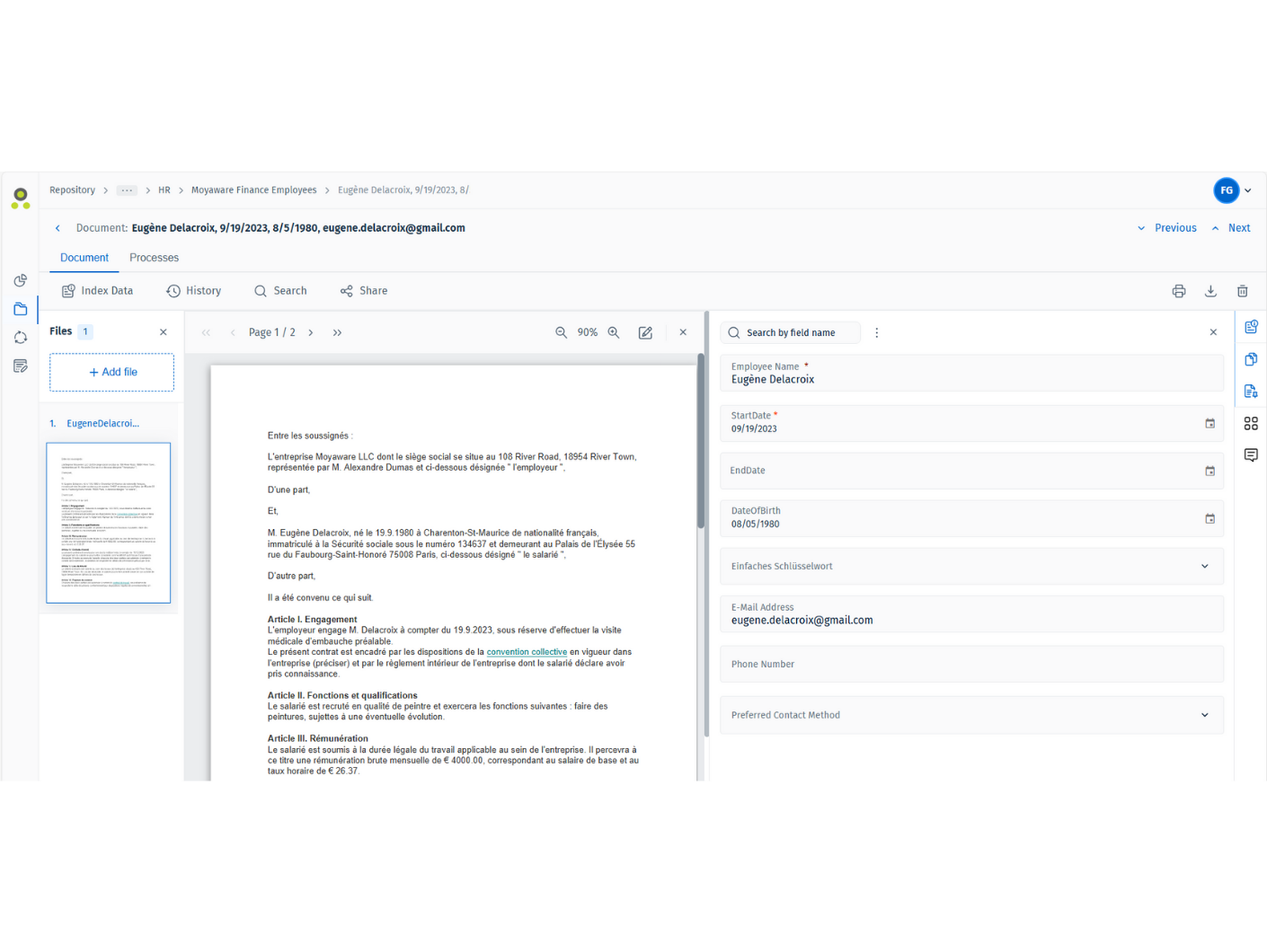 Screenshot eines Dokumentenmanagementsystems, das einen Lebenslauf für Egaline Debaixon anzeigt. Der Bildschirm zeigt den Text des Dokuments auf der linken Seite und Bewerberdetails wie Name, E-Mail und Telefonnummer auf der rechten Seite.