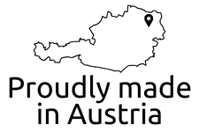 Black outline of Austria with a location pin in the northeast area, above the text "Proudly made in Austria" on a white background—perfect for your about us section to showcase authentic Austrian origins.