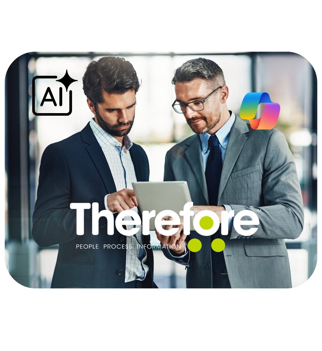 Two men in business suits look at a tablet together in an office setting, with AI, Microsoft Loop, and Therefore Business Central logos visible. The word “Therefore” and the phrase “People Process Information” are overlaid.