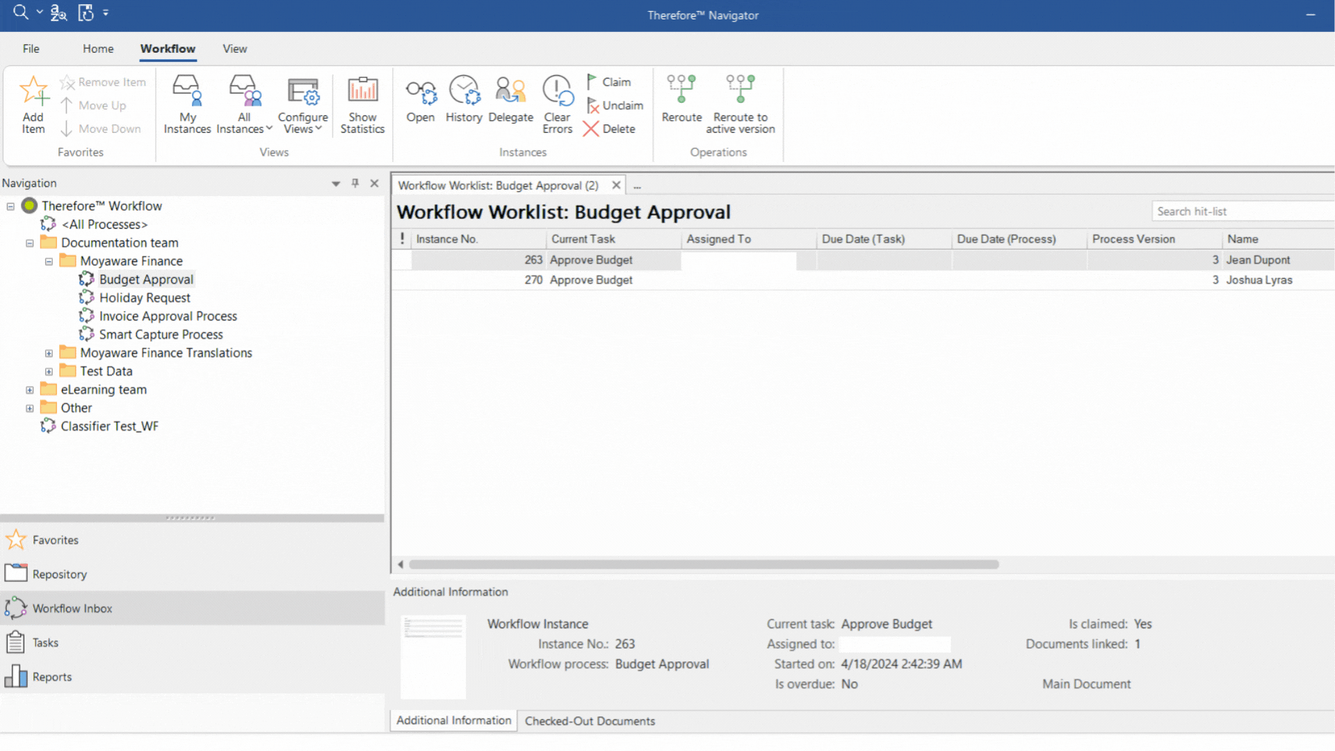 Screenshot of a workflow management software showing the “Workflow Worklist: Budget Approval” screen, featuring tasks in a table, navigation menu on the left, and toolbar options at the top—ideal for teams managing budget approval on their About Us page.
