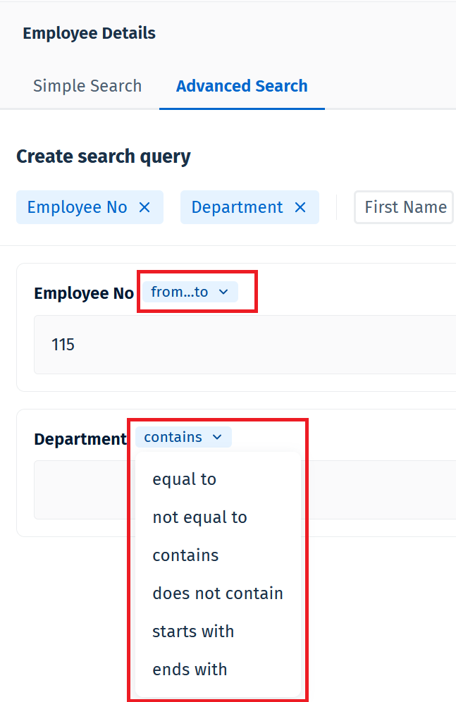 A search interface featuring a recent feature upgrade, with filters for Employee No and Department, dropdowns for criteria like