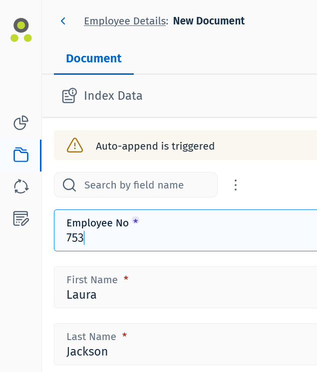 A screenshot of an employee details form displays fields for Employee No (753), First Name (Laura), and Last Name (Jackson). A warning message states, “Auto-append is triggered,” highlighting a recent feature upgrade.