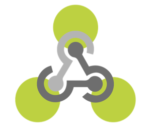 A gray triangular shape with circular ends is interlinked with three large green circles, each positioned at the triangle's vertices, on a light gray background.