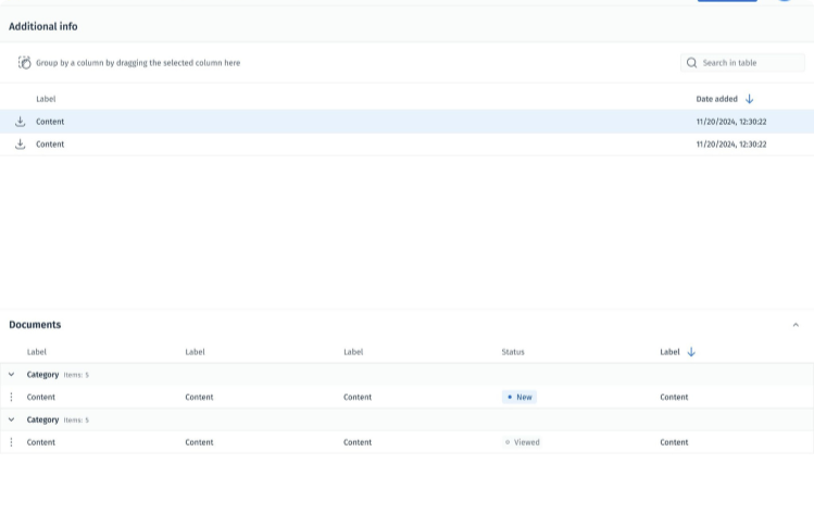 A computer interface displays sections titled "Additional info" and "Documents", with tables listing items, labels, dates, and statuses such as "New" and "Viewed" in a clean, minimalist layout.