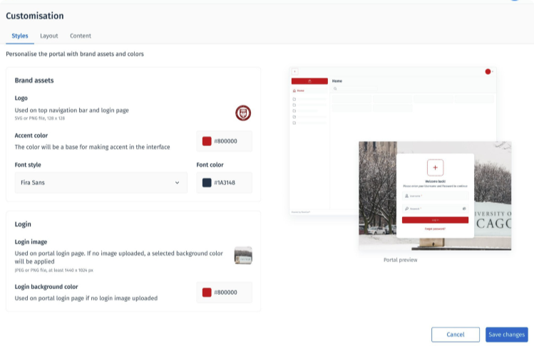 A customization page lets users adjust portal styles, including logo, accent color, font, and login background. A portal preview appears on the right, with “Save changes” and “Cancel” buttons at the bottom.