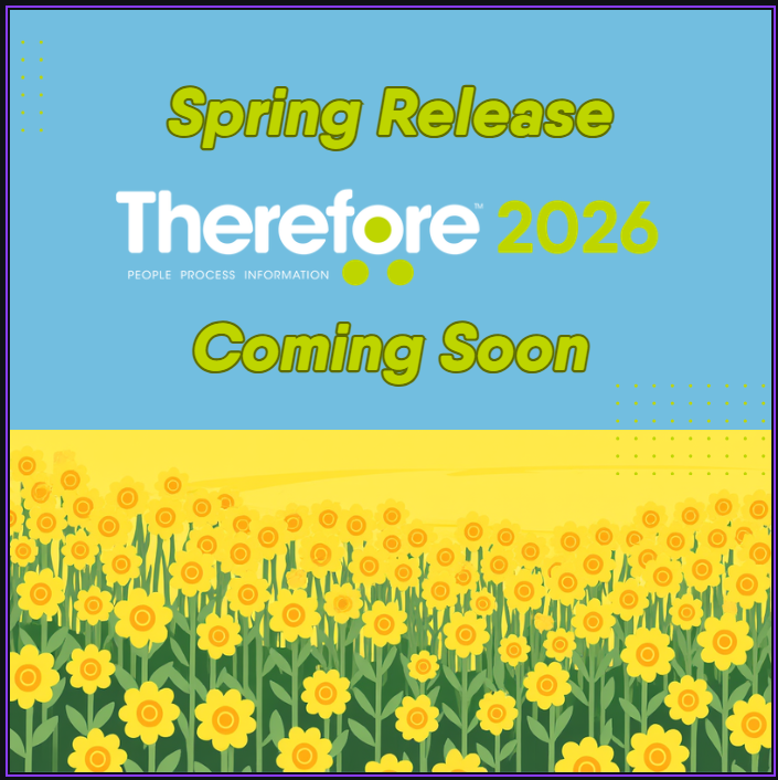Spring-themed graphic with yellow flowers on a field, blue sky above, and the text: "Spring Release Therefore 2026 Coming Soon. People Process Information.